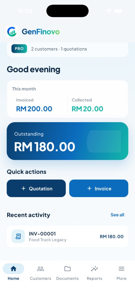 GenFinovo home with invoiced, collected and outstanding for the month