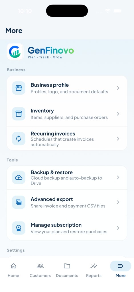 GenFinovo More screen with business tools, backup and settings