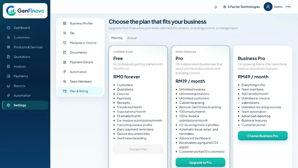 GenFinovo Plan and Billing with Free, Pro and Business Pro