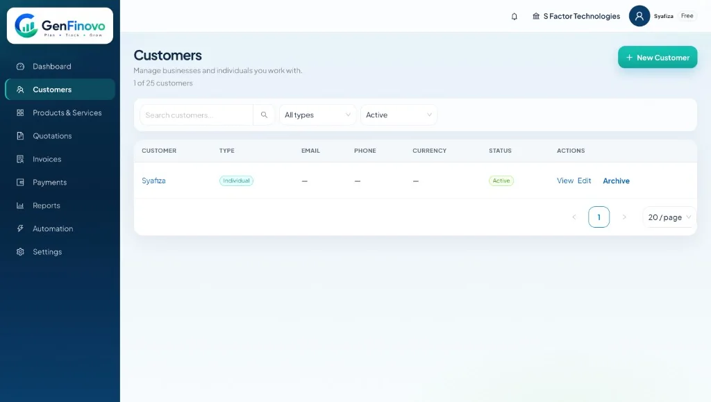 GenFinovo customers list with search, type filters and an active customer