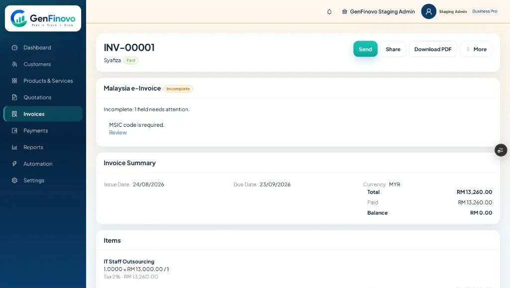 GenFinovo invoice INV-00001 with paid status and share actions