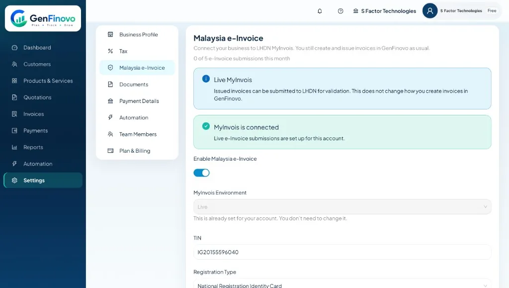 GenFinovo Malaysia e-Invoice settings with live LHDN MyInvois connected