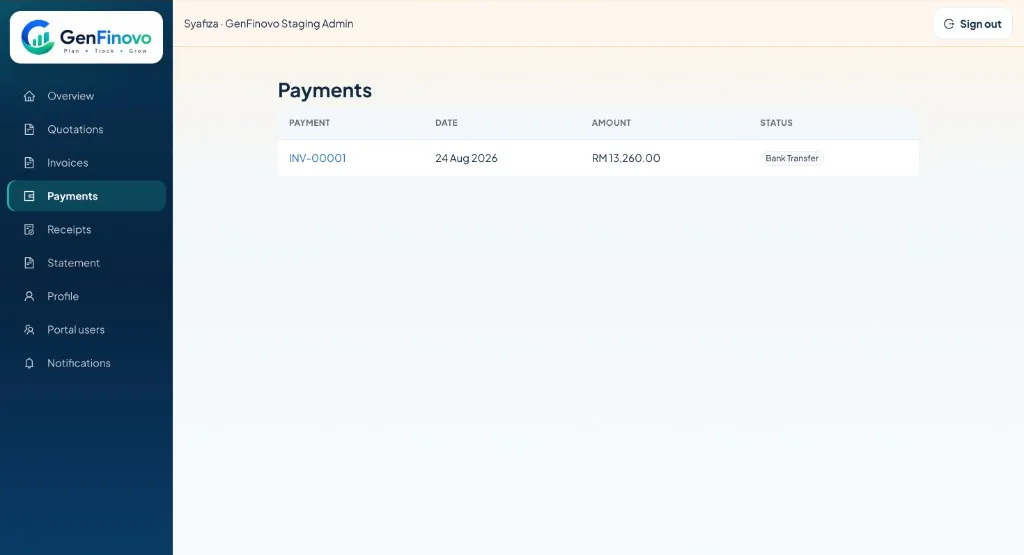 GenFinovo customer portal payments list with invoice, date, amount and payment method