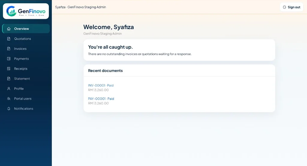 GenFinovo customer portal overview with recent documents and outstanding status