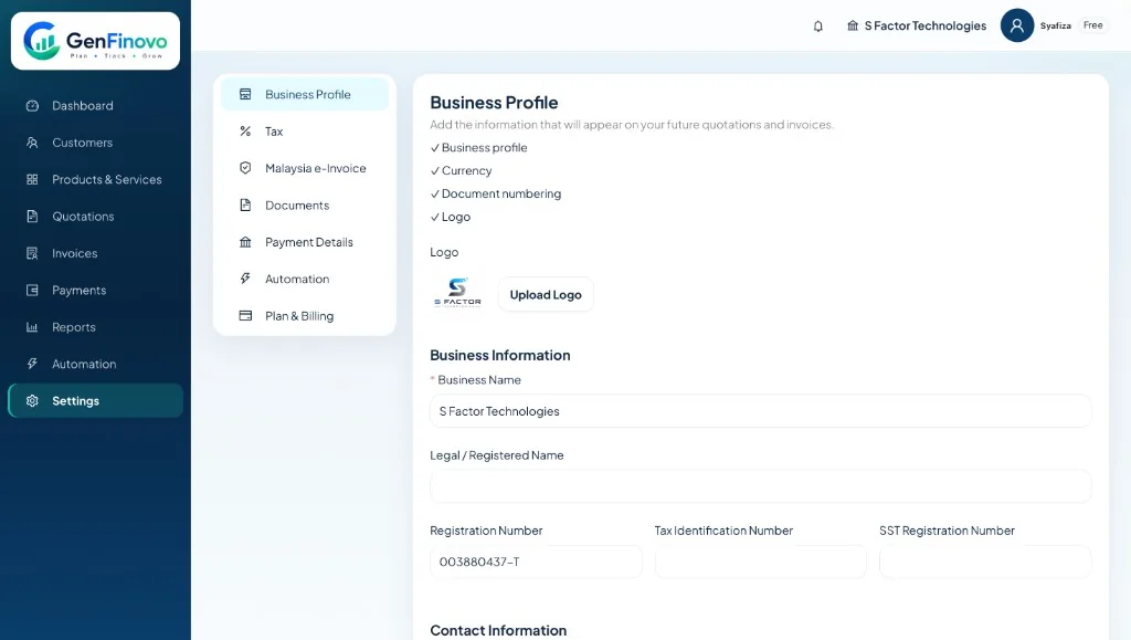GenFinovo business profile settings with logo, name and registration details