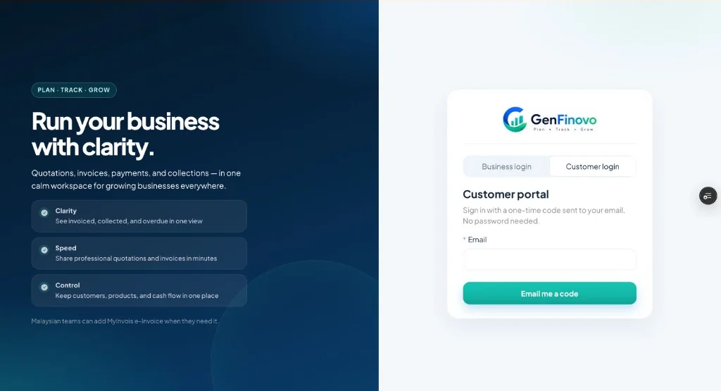 GenFinovo sign-in with business login and customer portal one-time email code