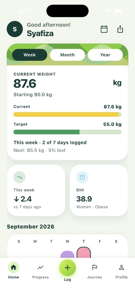HEKE home showing weekly progress, the next milestone, BMI and the week calendar