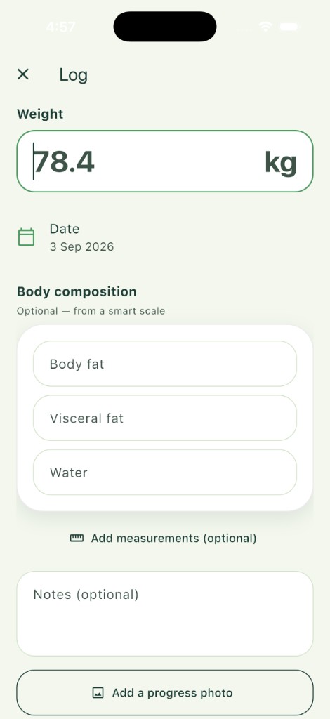 HEKE log screen for a weigh-in, optional body composition, measurements, notes and a photo