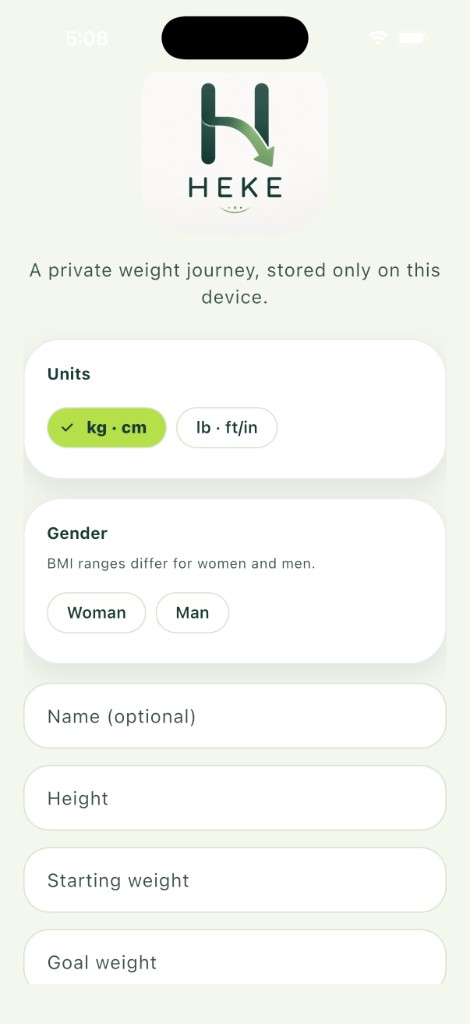HEKE setup with units, gender, optional name, height, starting weight and goal weight