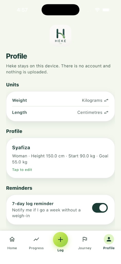 HEKE Profile with units, on-device details and a 7-day log reminder