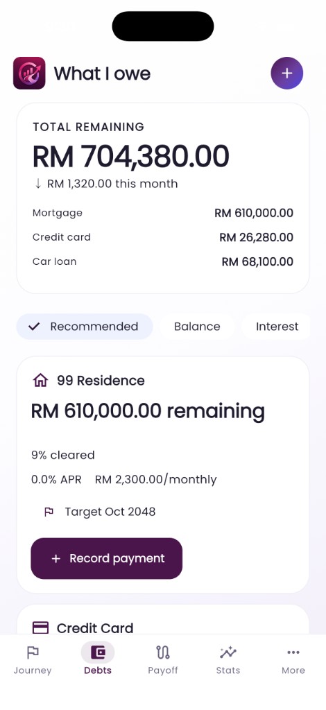 Owevia Debts screen showing total remaining and individual loans