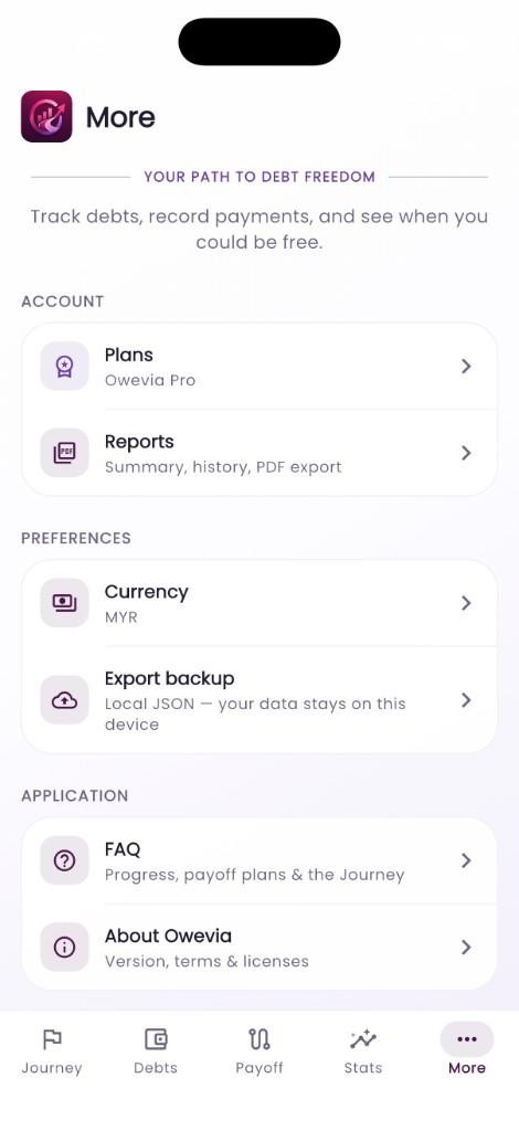 Owevia More screen with plans, reports, backup and FAQ